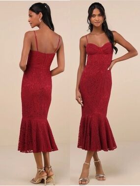 NWT Lulu’s Found Your Love Wine Red Lace Sleeveless Trumpet Midi Dress Small